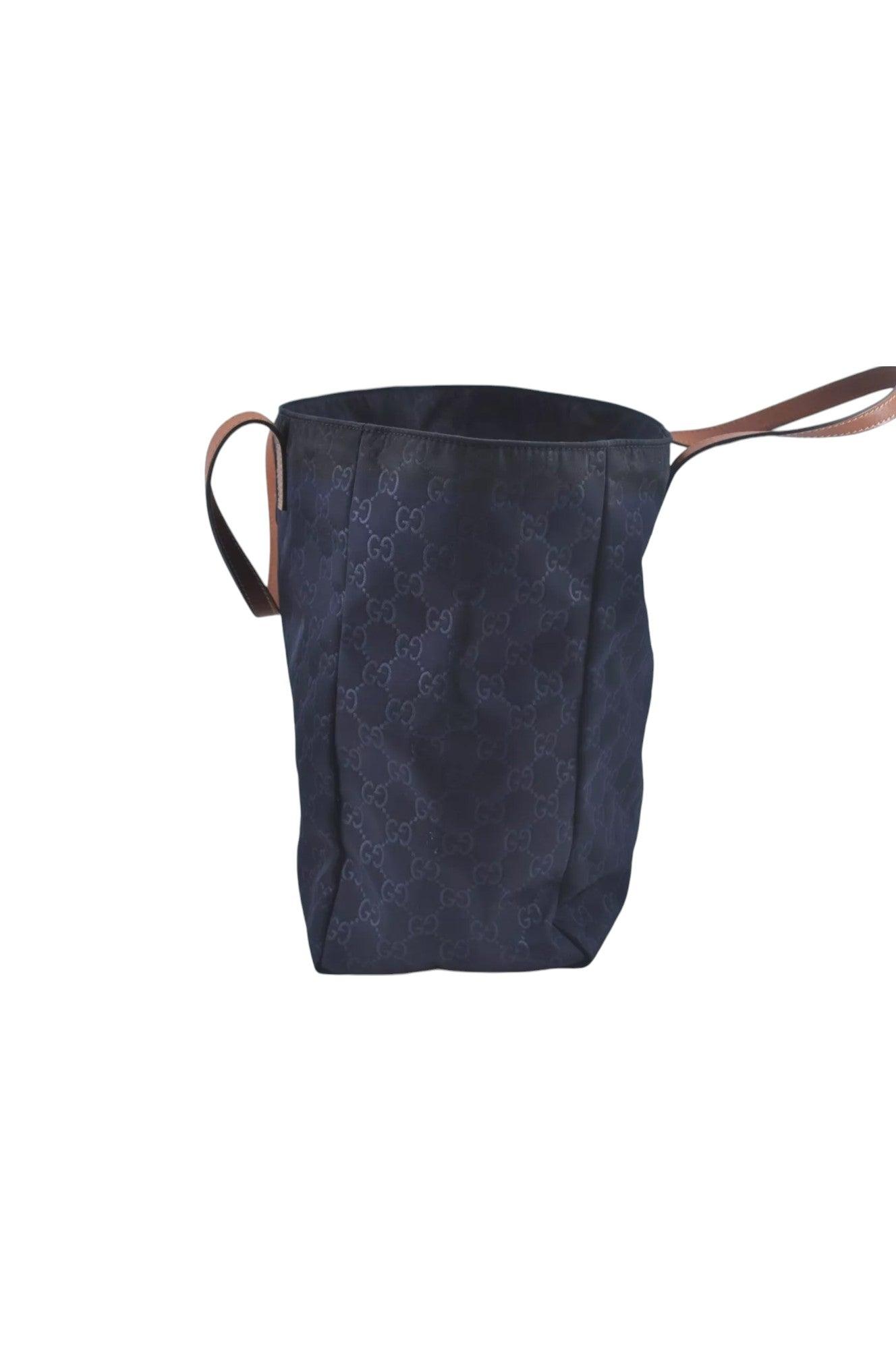 GUCCI Vintage Hand Tote Bag GG Nylon Leather Navy Blue L0937 - Velora