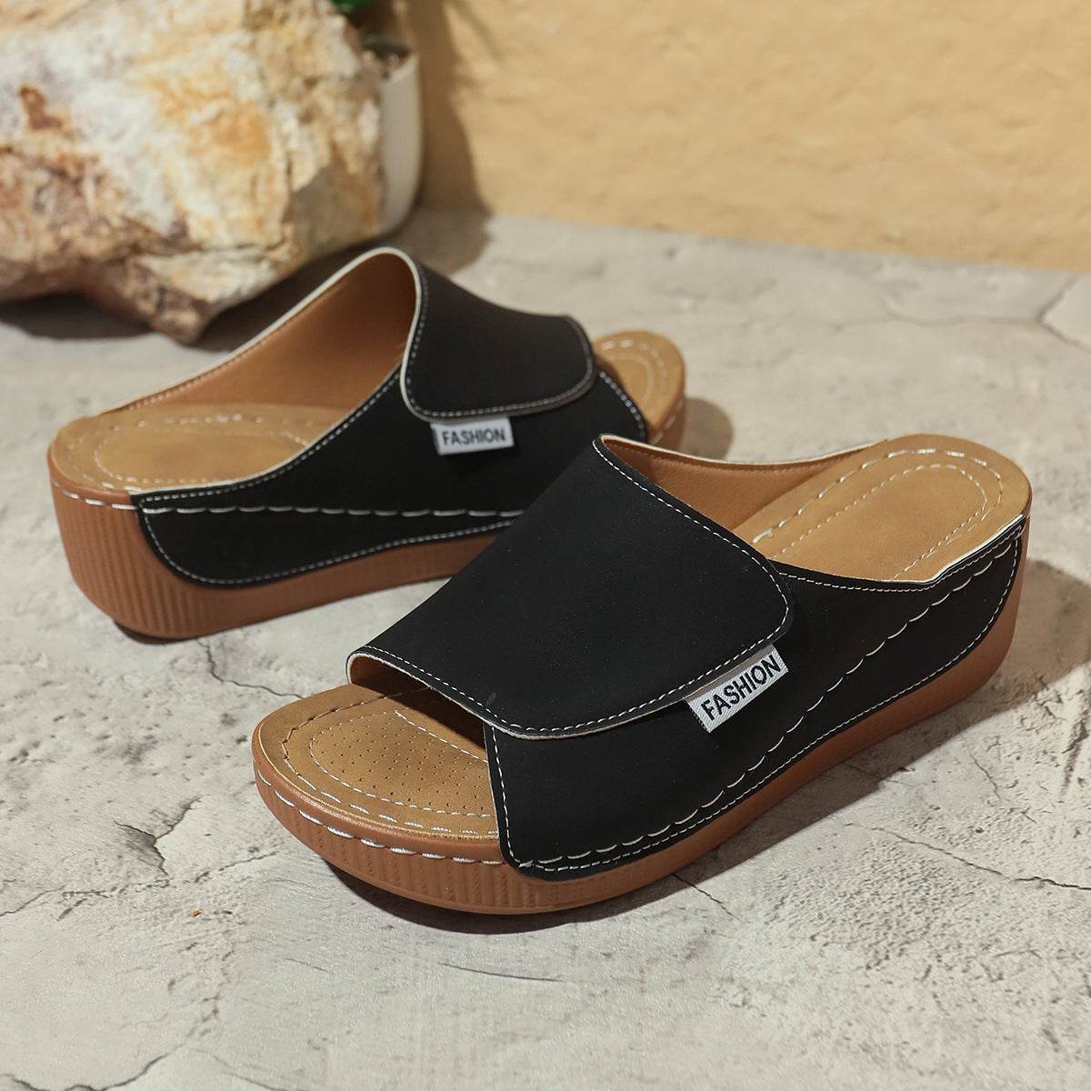Summer Wedge Slides Slippers Fashion Fish Mouth Thick Bottom Roman Shoes Solid Color Beach Sandals For Women - Velora