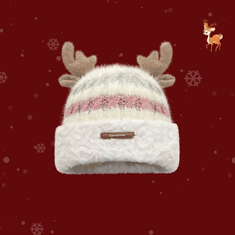 Christmas Knitted Hat With Cute Deer Antler Winter Warm Thick Hat For Girls Women - Velora