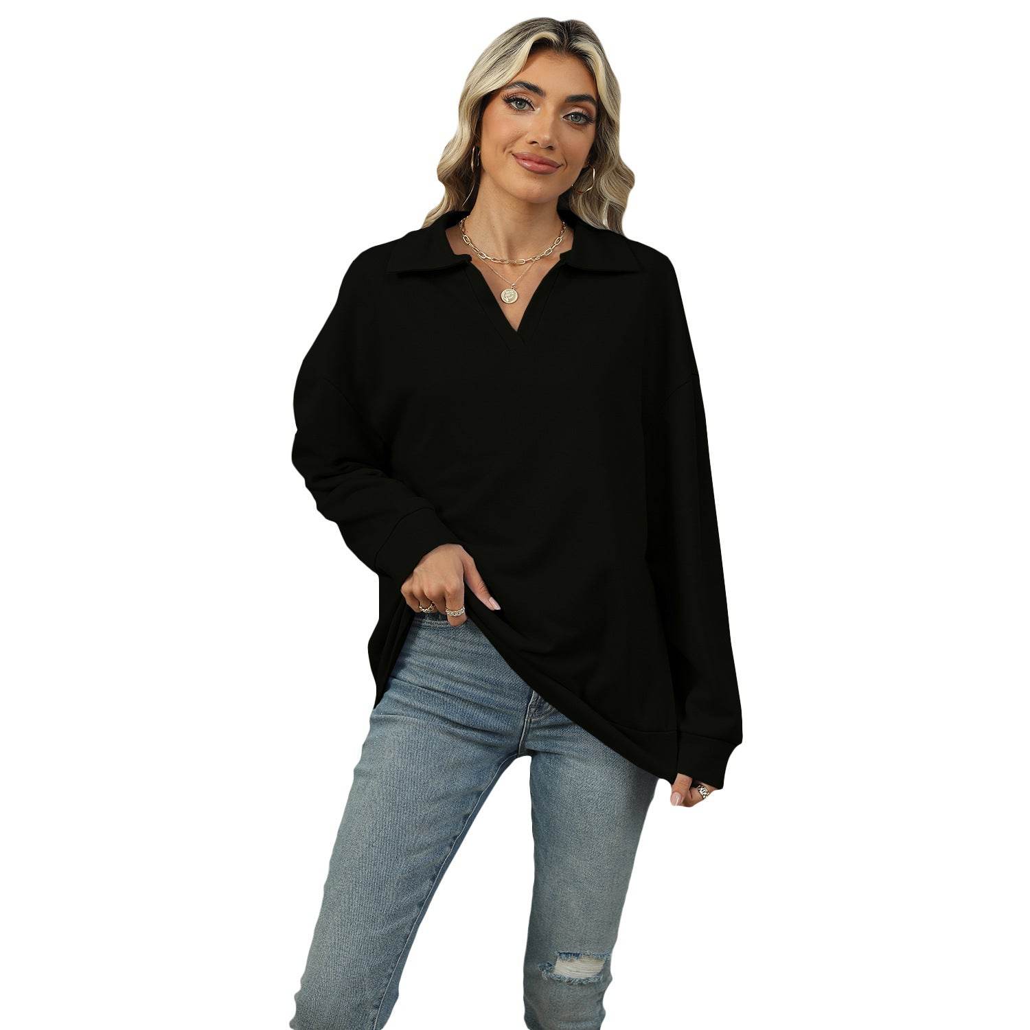 New Lapel V-neck Sweatshirt Fashion Casual Loose Solid Color Long-sleeved Pullover Top For Womens Clothing - Velora