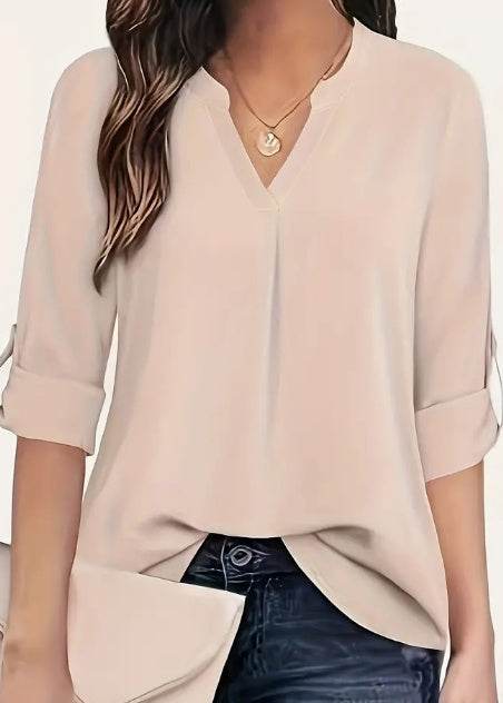 Chic Solid V-Neck Blouse - Fashionable Simplicity For Women - Relaxed Casual Long Sleeve Style - Velora