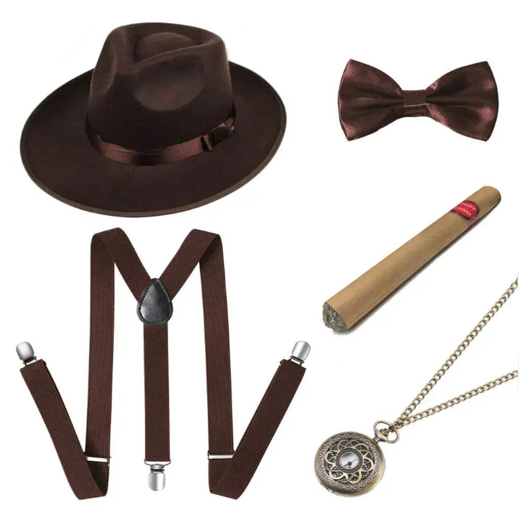 Party Men's Top Hat Pipe Pocket Watch Strap Tie Fake Cigar Set - Velora