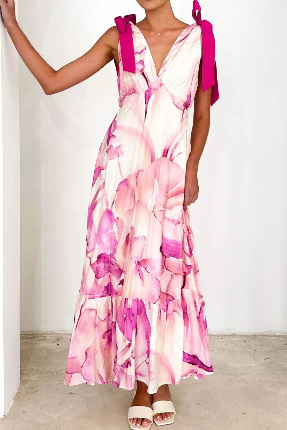 Printed V-Neck Tie Shoulder Midi Cami Dress - Velora