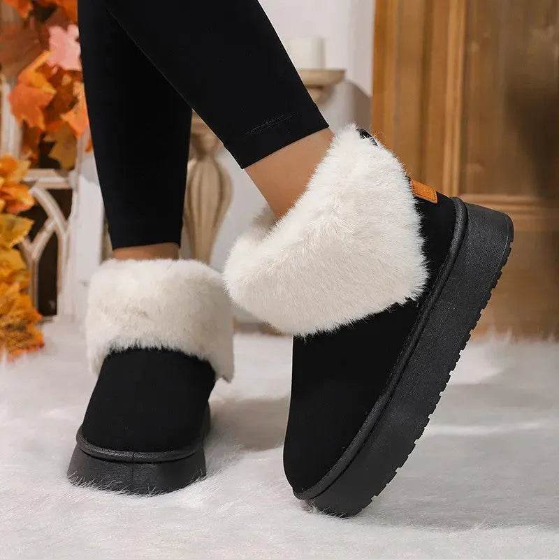 Winter Plush Snow Boots Fashion Round Toe Flat Thickened Suede Cotton Shoes For Women Casual Warm Short Boot - Velora