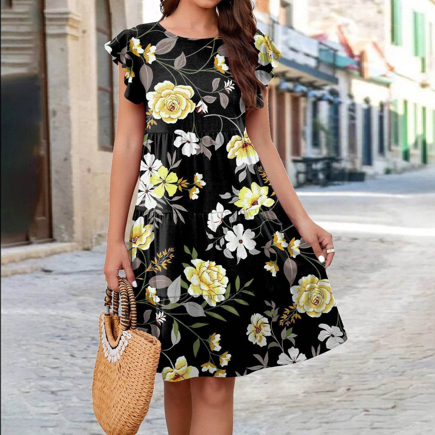 Ruffle Sleeve Dress Summer Loose Flower Print Beach Dresses Sweet Skirt Women - Velora