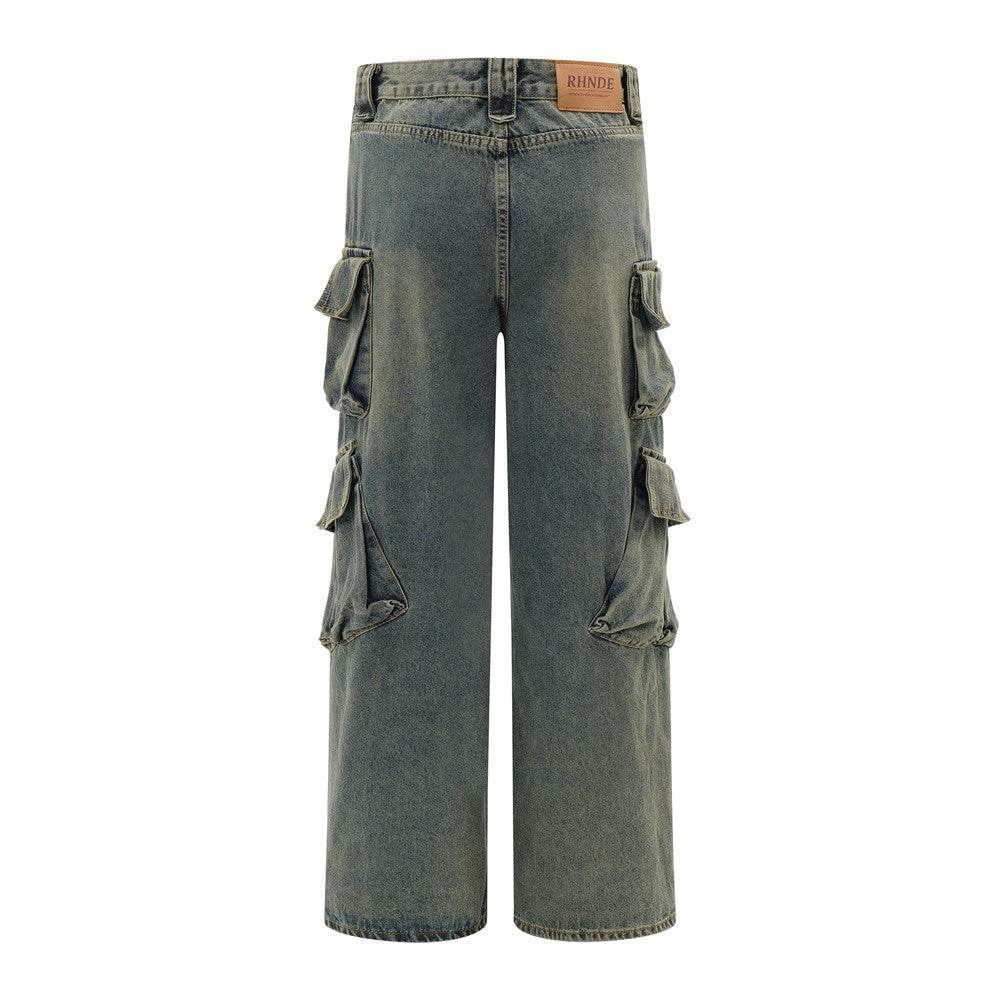 Punk Distressed Washed Denim Jeans Cargo Pant Men - Velora