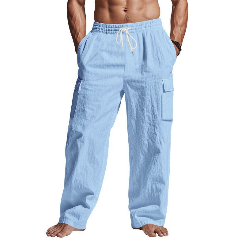 Men's Workwear Multi-pocket Straight Linen Pants Linen Four Seasons Thin Breathable Cargo Pants, Multi-pocket Loose Casual Trendy Wide-leg Pants - Velora
