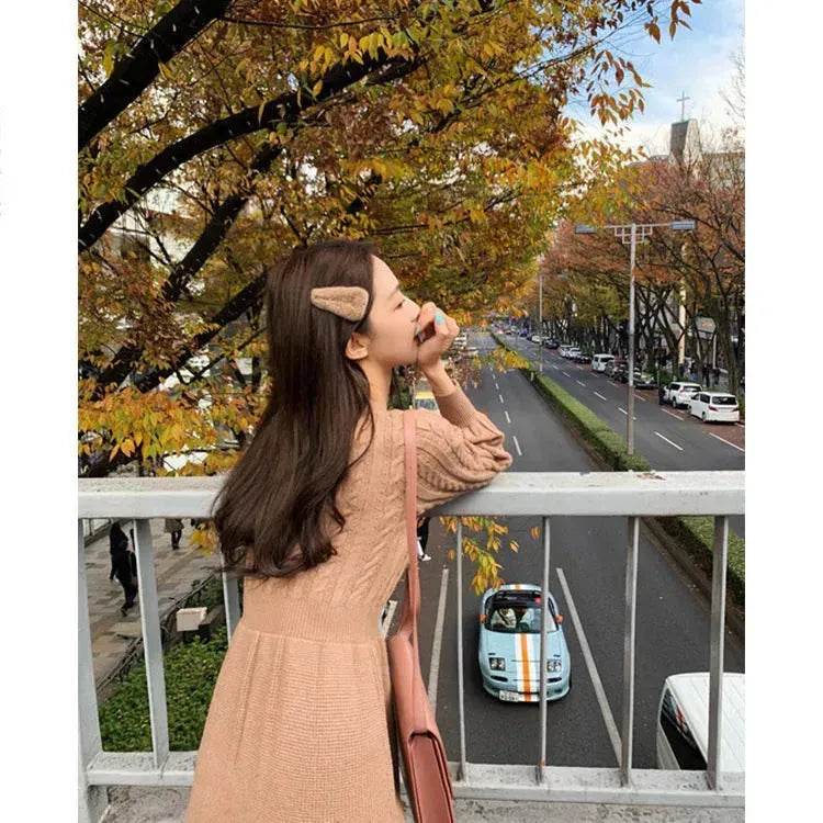 Autumn Winter Knitted Slim Fit Round neck Mini Flared Sweater dress - Velora