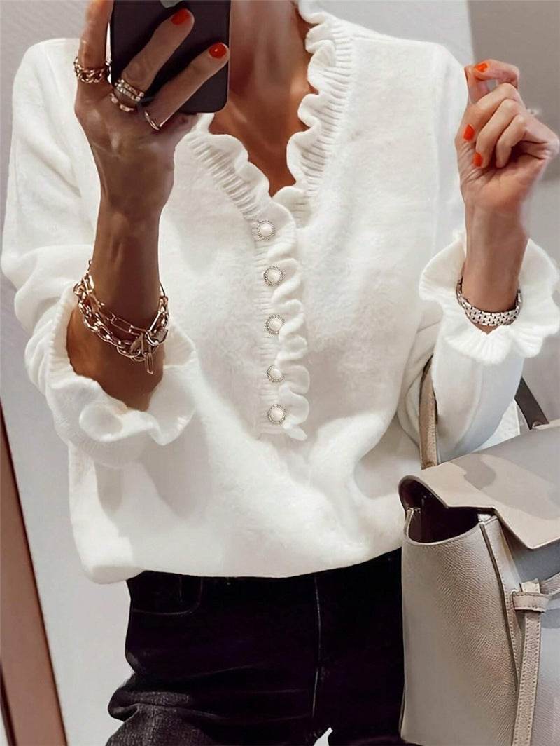 Winter V-neck Ruffled Knitted Sweater Fashion Pullover Long-sleeved Tops For Women - Velora