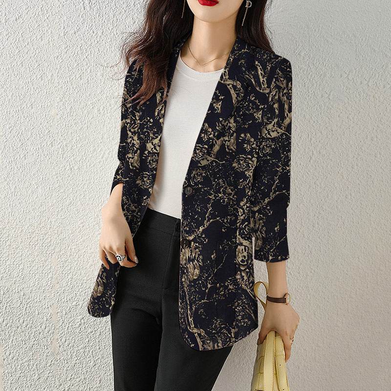 Women's Button Printed Long-sleeved Pocket Vintage Cotton And Linen jacket Blazer - Velora