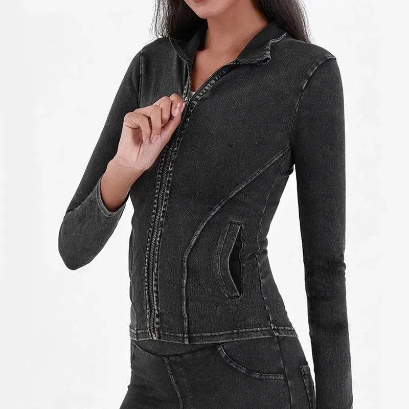 Fashion Slim fit Zipper High neck Denim Jacket for women - Velora