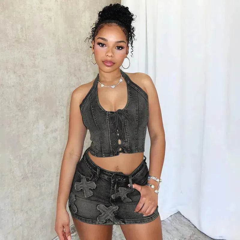 Chic Denim 2 piece Denim Skirt set Jean 2 piece set for Women Sleeveless crop top and Skirt - Velora