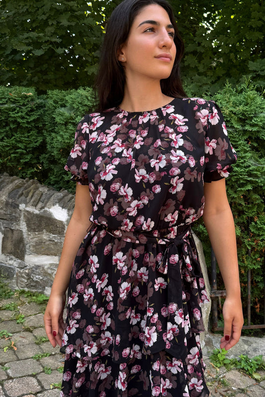Catalina Black Floral Dress with Layered Hemline - Velora Luxury Fashion