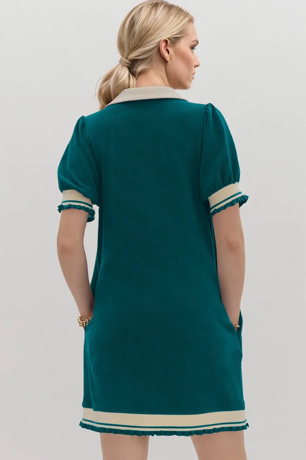 Oh Frill Contrast Trim Johnny Collar Short Sleeve Mini Dress - Velora