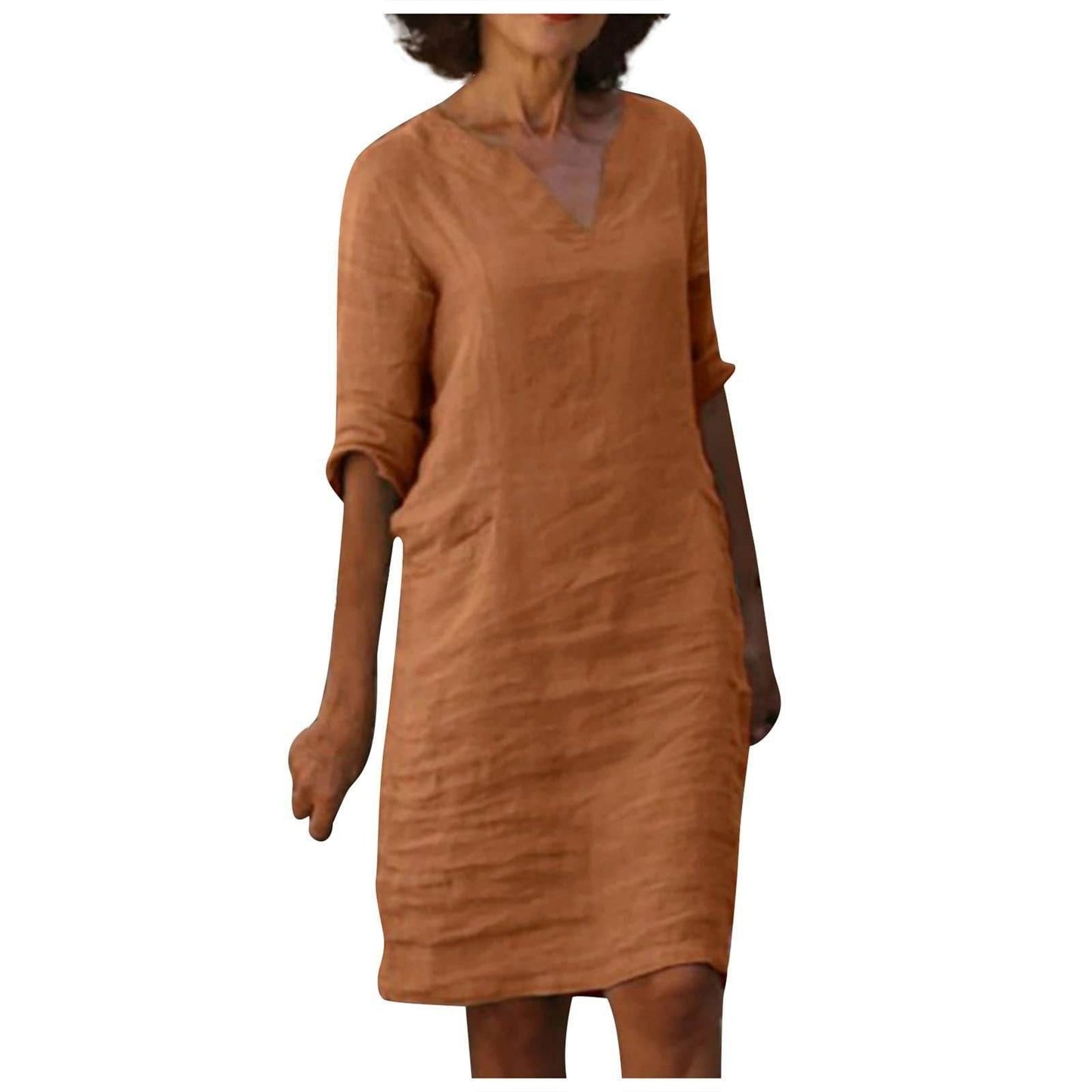 Cotton And Linen V-neck Dress Summer Stitching Retro High Waist Pure Color Dresses - Velora