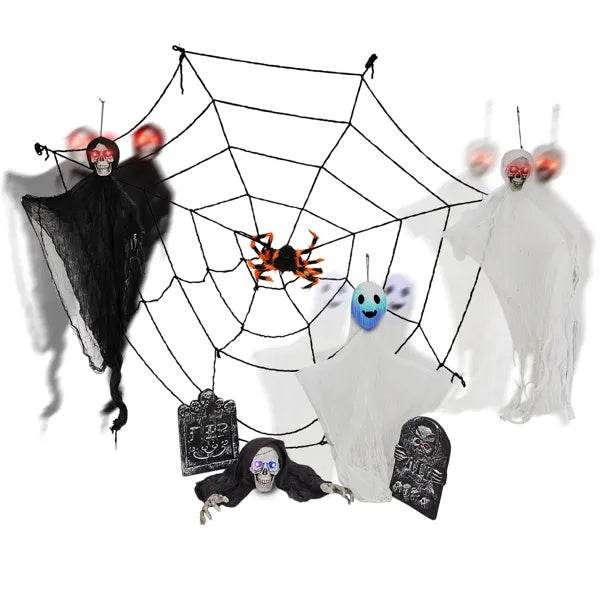 Outdoor Halloween Decorations 8-Piece Set, Hanging Ghosts Decor And Cobweb And Gravestone With Lighted Up Eyes, Scary Swinging Ghost Flying For Yard Patio Lawn Garden - Velora