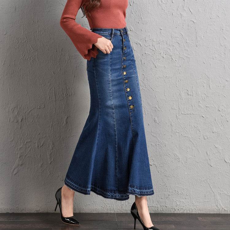 New Fashion Fitted Button up Mermaid Midi Denim Skirt - Velora
