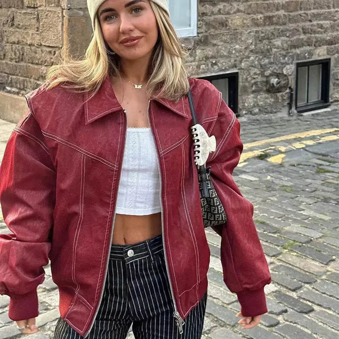 Oversized Fashion Zip-up Lapel Leather Jacket for women - Velora