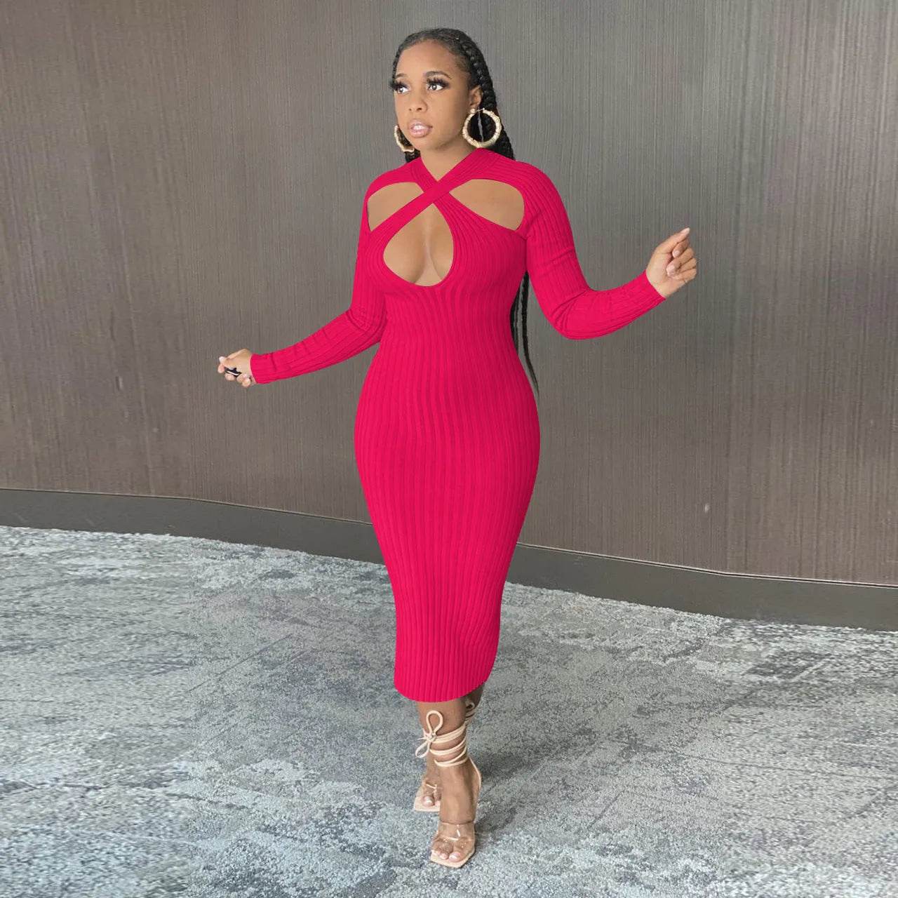 Chic V-neck Long Sleeve Midi Party Club Bodycon Pencil Dress - Velora