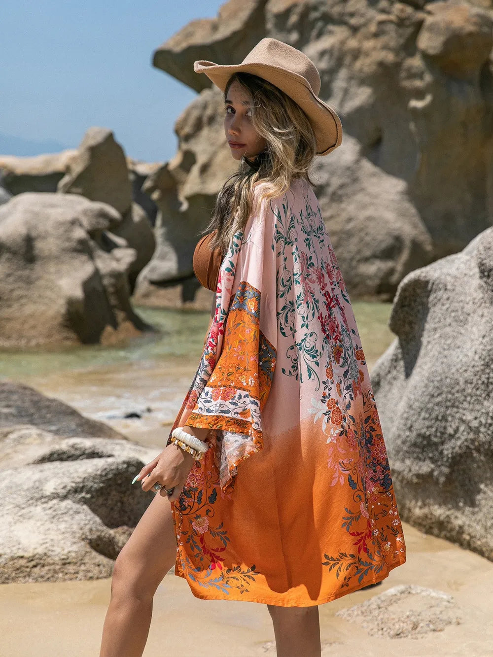 Printed Open Front Long Sleeve Cover-Up - Velora