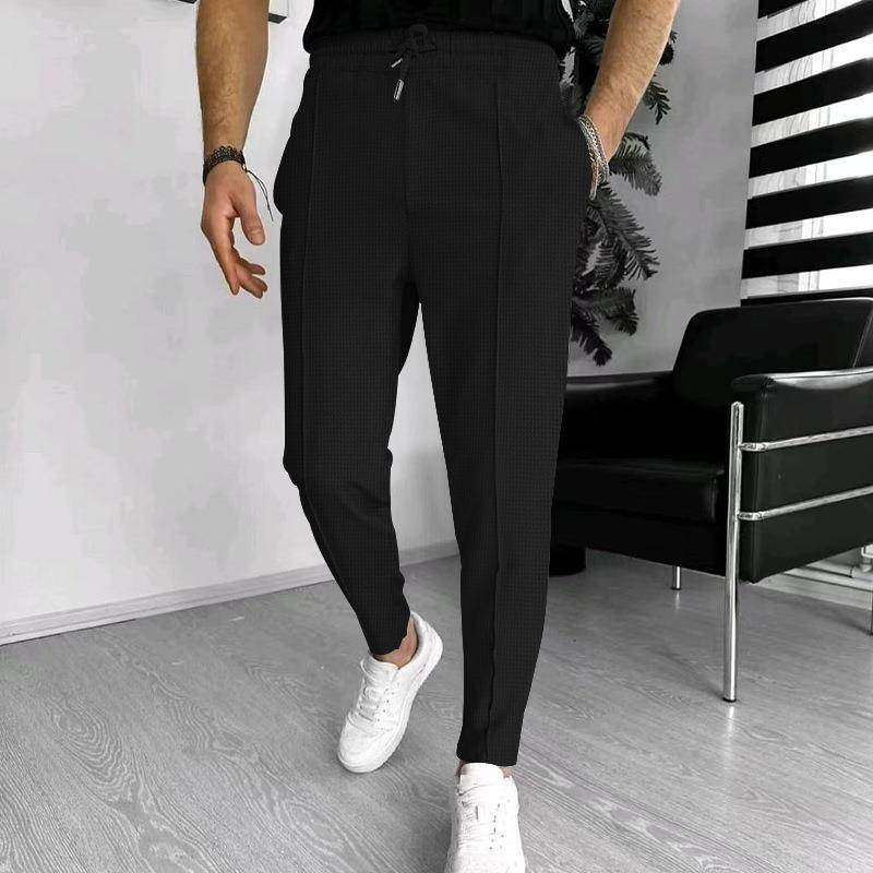 Men's Casual Fashion Waffle High Waist Drawstring Elastic fitted straight leg Pant - Velora