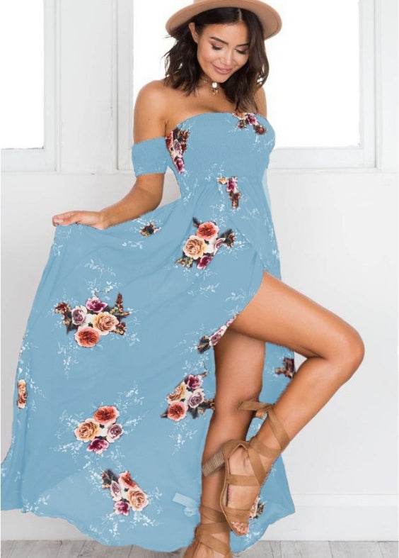 Elegant Ladies Summer Boho Vacation Resort Slit Maxi dress off shoulder Long floral Beach summer slit dress - Velora