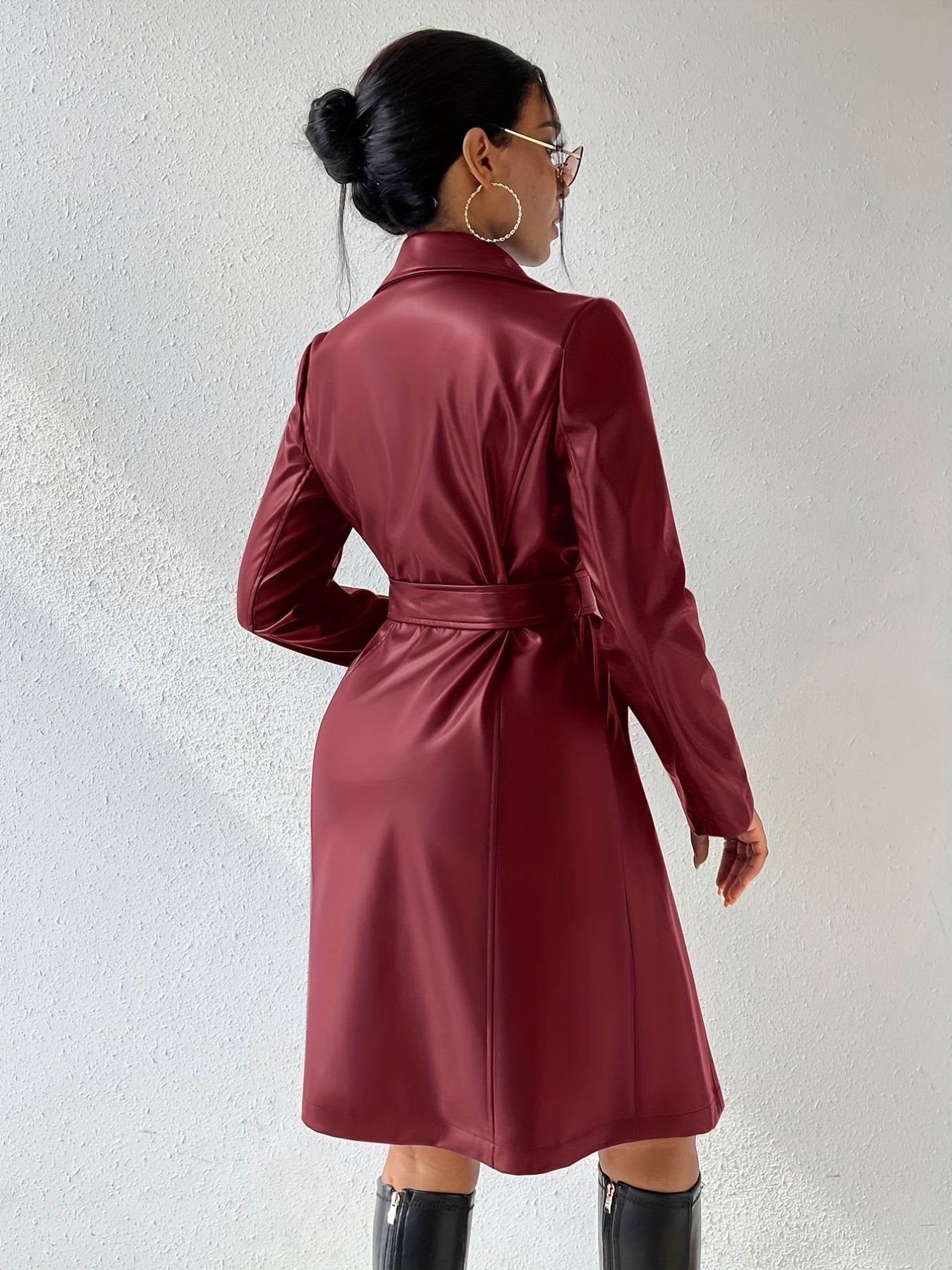 Long Sleeve Lapel PU Leather Jacket With Pockets Slim Fit Long Trench Coat Women's Clothing - Velora