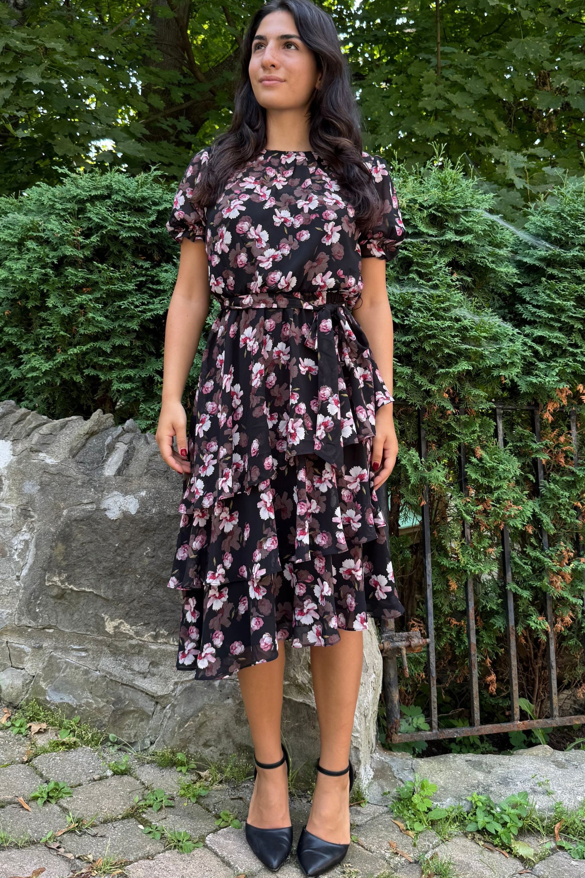 Catalina Black Floral Dress with Layered Hemline - Velora Luxury Fashion