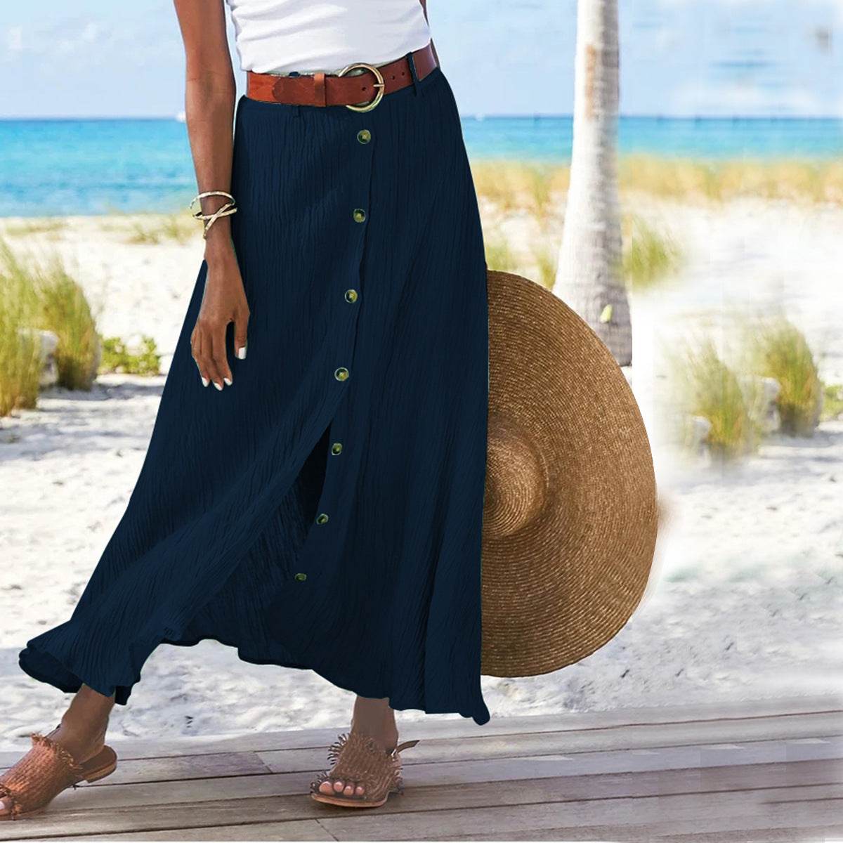 Women's summer Fashion Cotton Linen A-Line Hip Mid Waist Long maxi Skirt - Velora