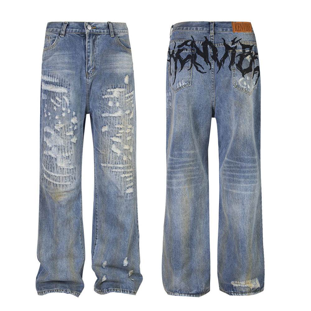 Punk Make Old Ripped Letter Denim Trousers Men Jeans - Velora