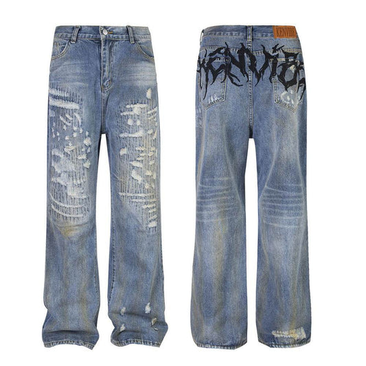 Punk Make Old Ripped Letter Denim Trousers Men Jeans - Velora