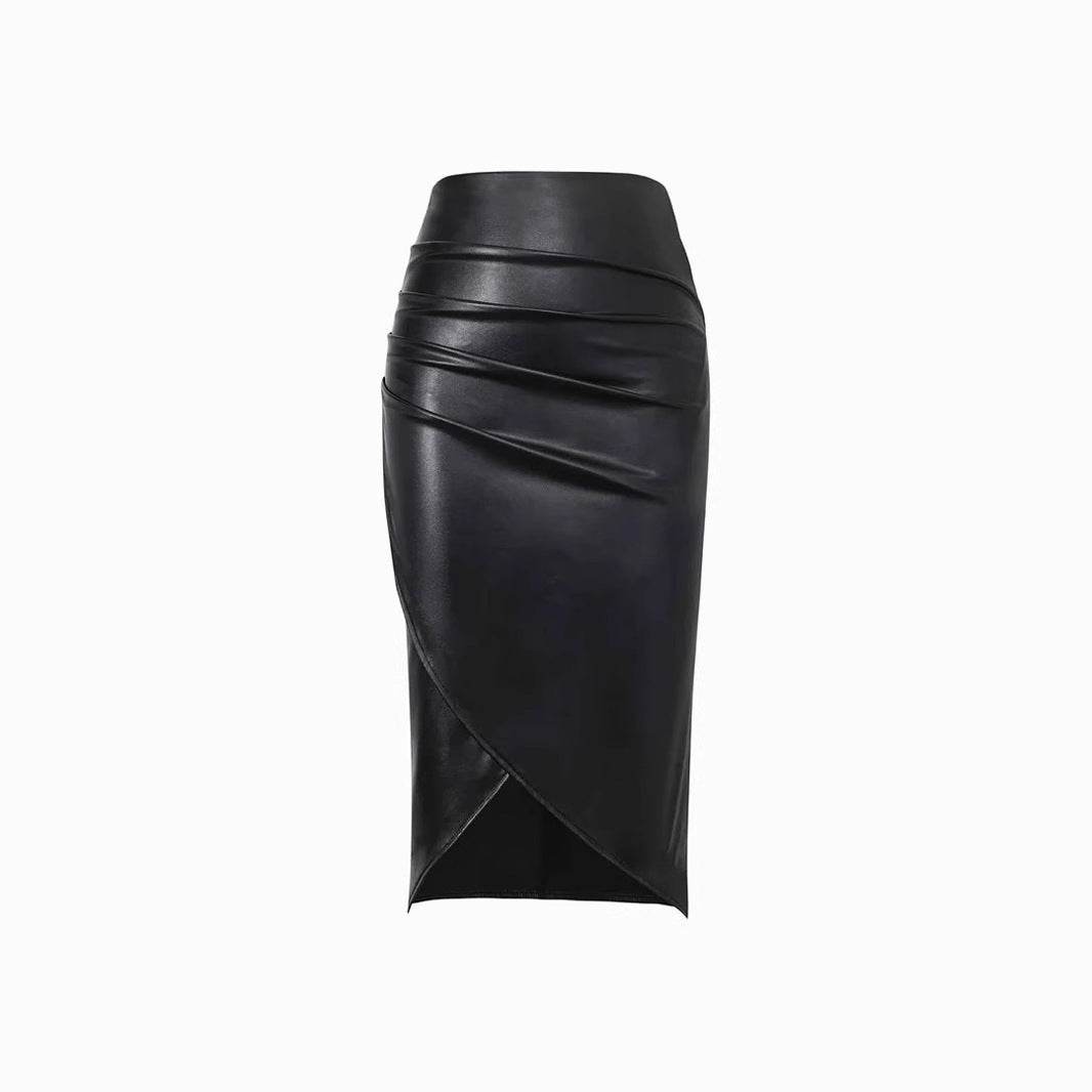Front Split Leather Skirt Formal Office Work High Waist Sheath midi black Skirt - Velora