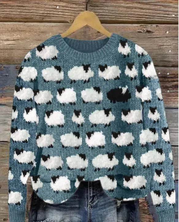 Printed Round Neck Christmas Deer Couples Sweater - Velora