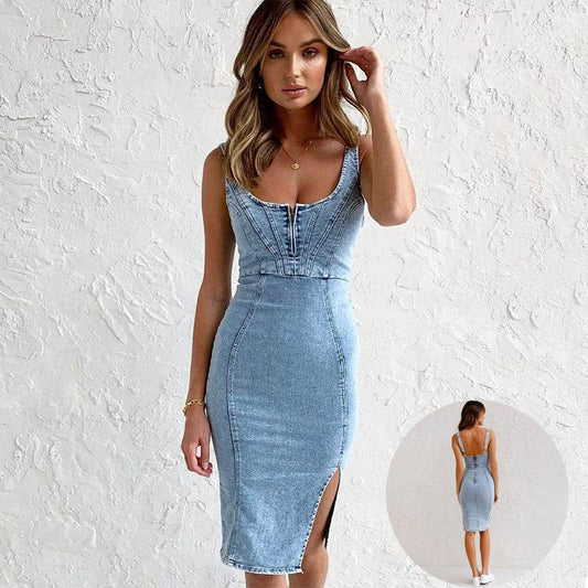 New U-neck Suspender Denim Dress Summer Casual Tight Slim Fit Dresses With Slit Design Womens Clothing - Velora