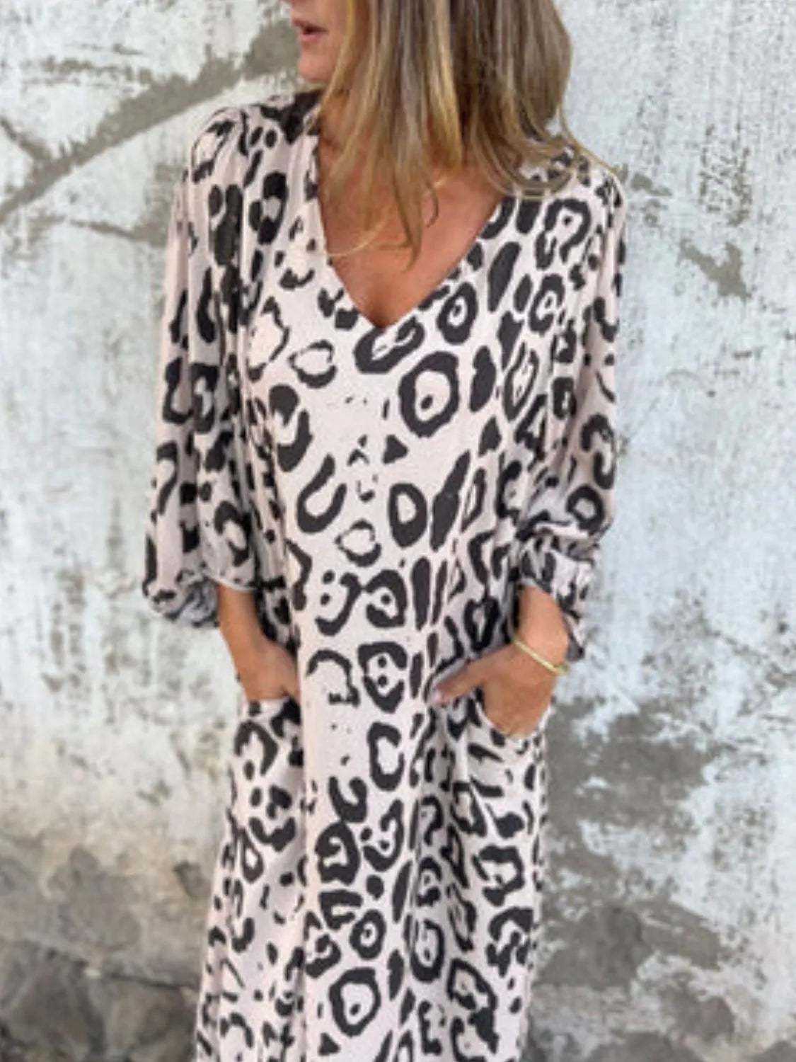 Full Size Printed V-Neck Dress with Pockets Plus Size - Velora