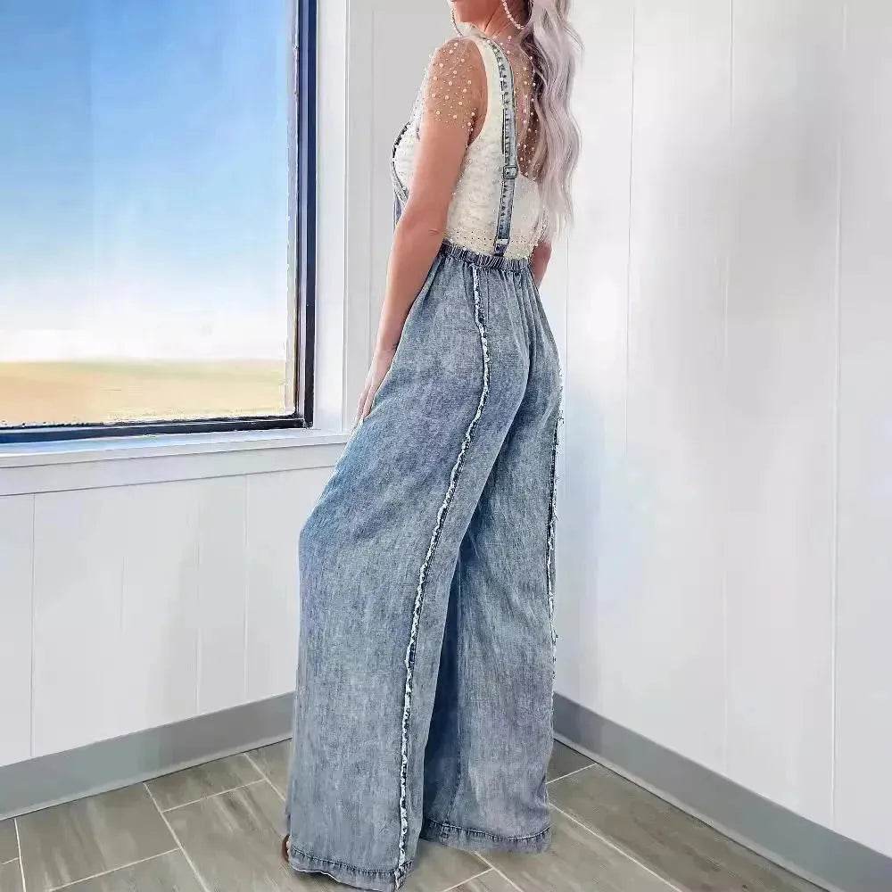 Retro Washed Raw Edge Denim Wide-leg Suspender Denim Jumpsuit Baggy Denim Jeans Jumper - Velora