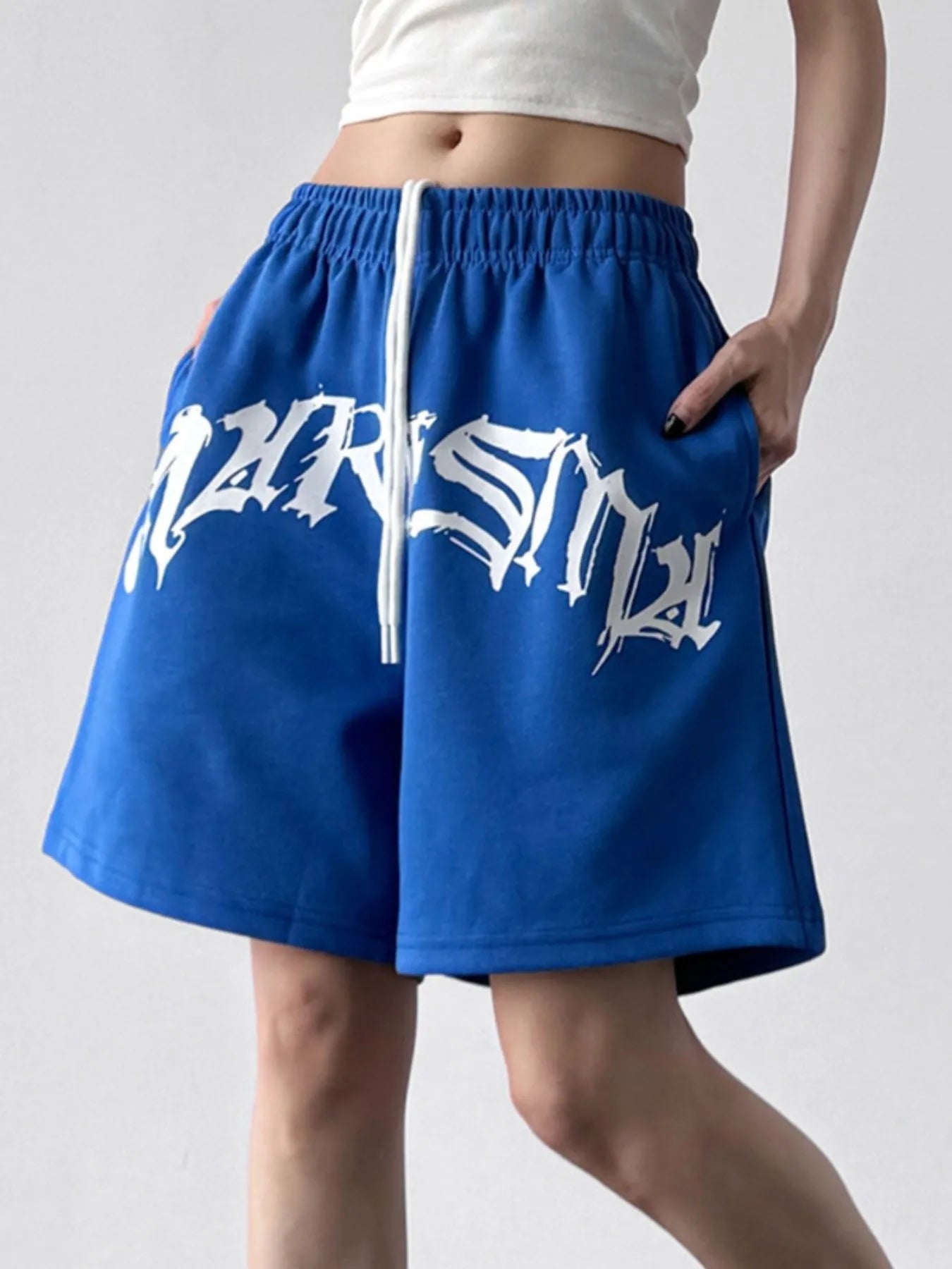 Oversized Drawstring Letter Shorts - Velora