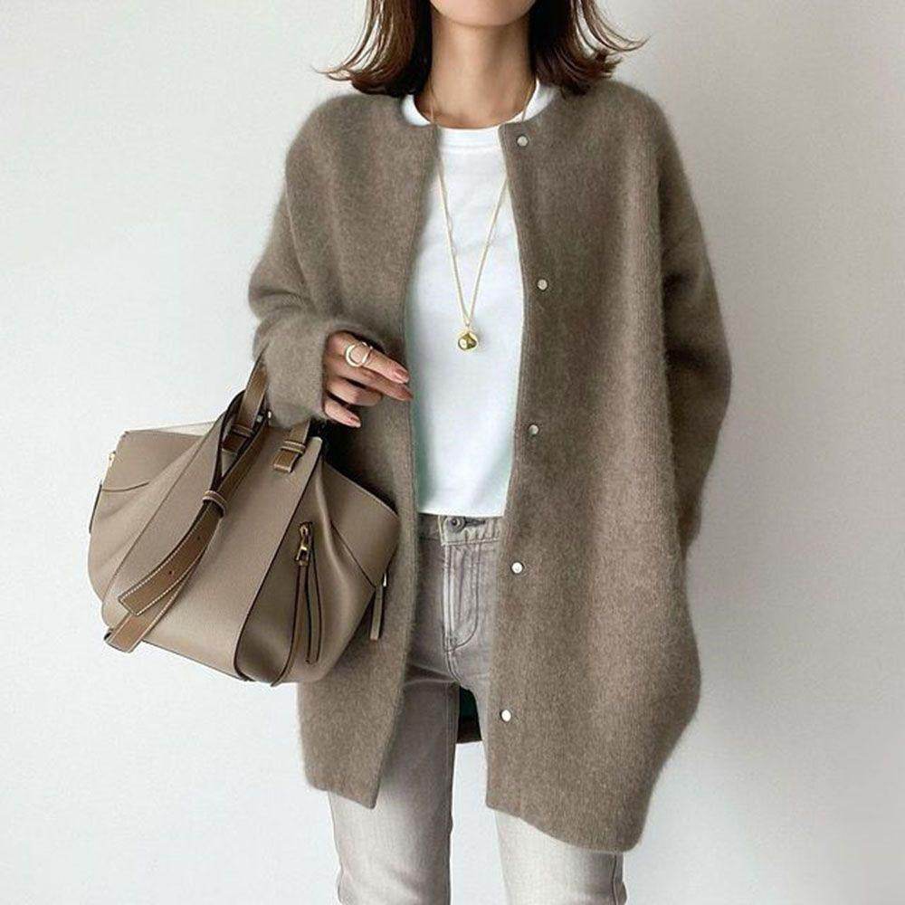 Loose Round Neck Single Breasted Cardigan Fashion Solid Color Coat Jacket Autumn And Winter Women's Clothing - Velora
