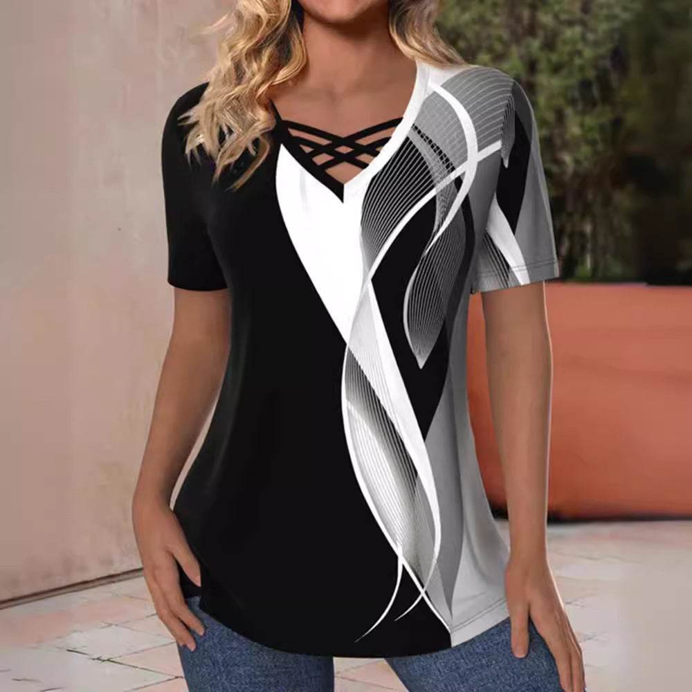 Fashion Printed V-neck Short-sleeved tunic Top For Women - Velora