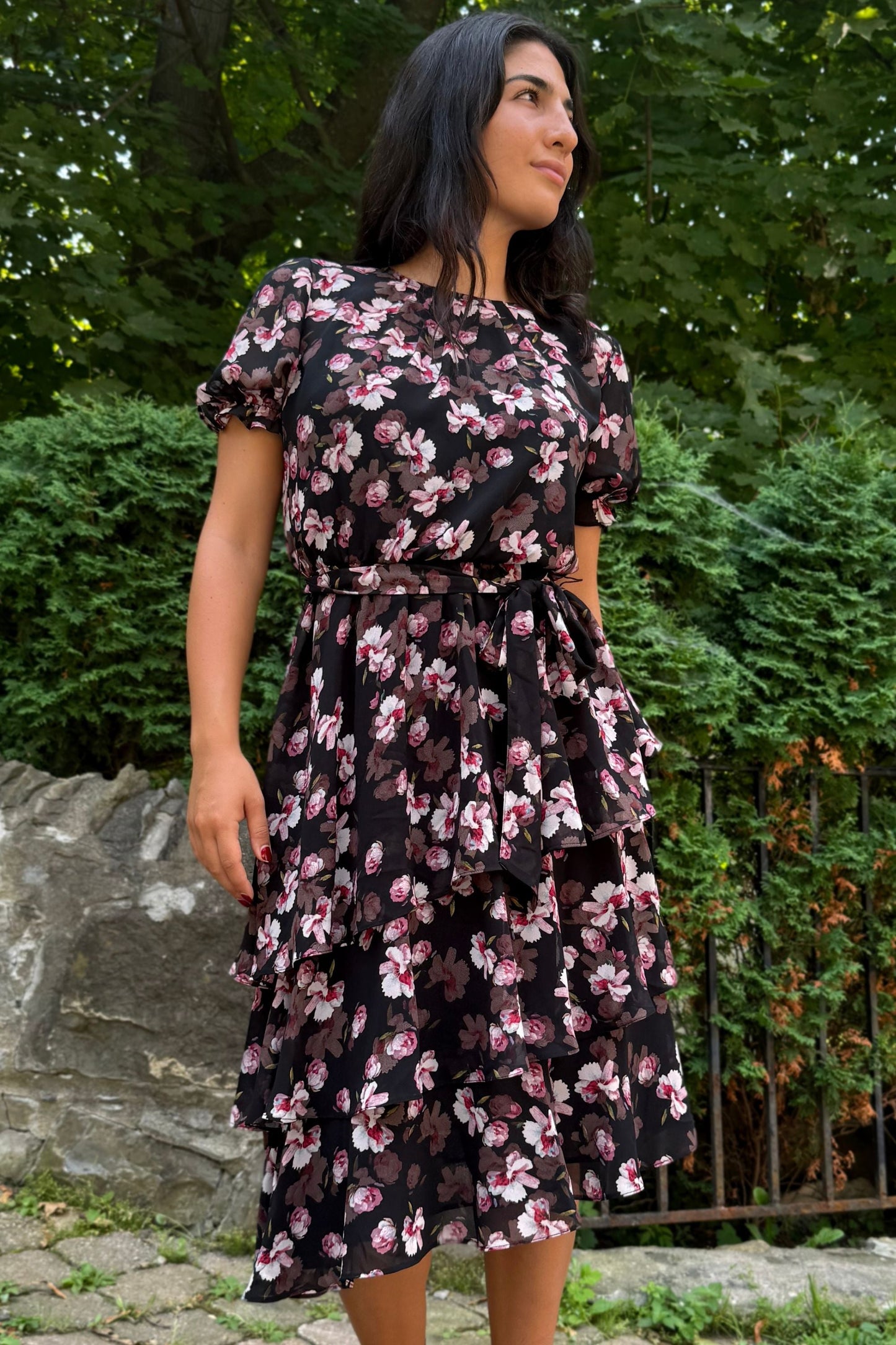 Catalina Black Floral Dress with Layered Hemline - Velora Luxury Fashion