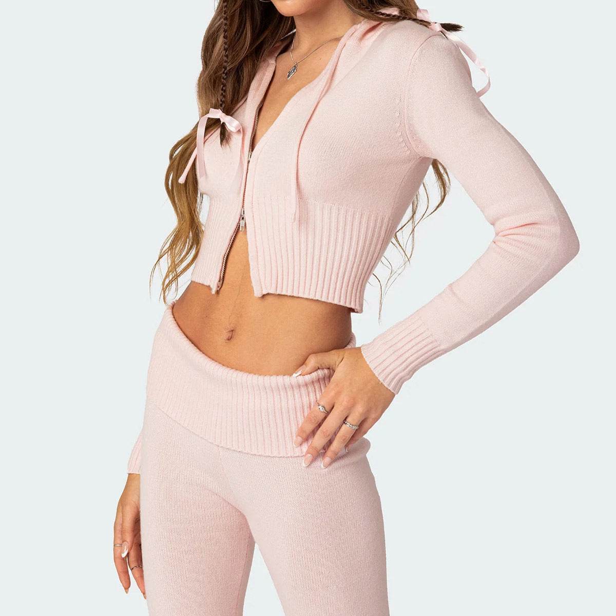 Fashion Knitted Hooded Suit Long Sleeve Zipper Cropped Top And Slim Flared Pants Trousers Solid Outfits Women's Clothing - Velora
