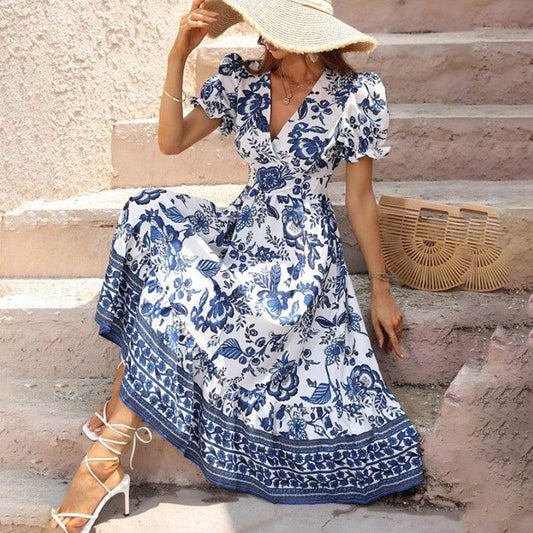 Puff Sleeve dress V Neck Blue Floral Bohemian Midi Dress - Velora