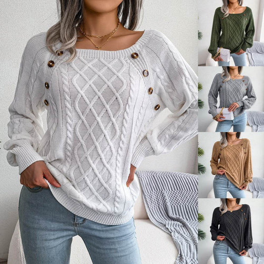 Square Neck Knitted Sweater With Button Design Winter Warm Long Sleeve Tops Women's Clothing - Velora