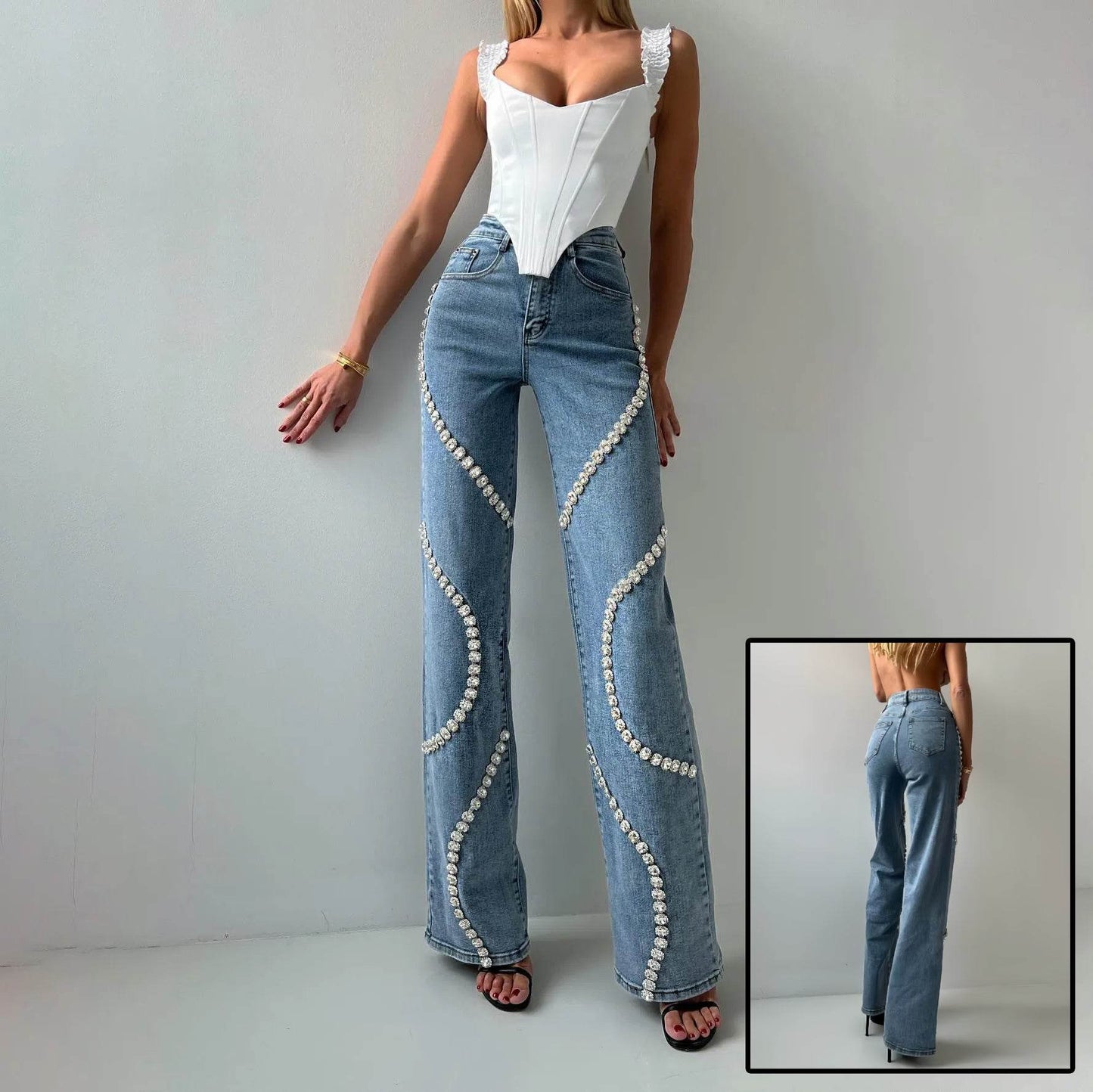 Loose Straight Leg Jeans And Fashionable Casual Pants With A Rhine Stone Denim Design Around Them Suitable For Women - Velora
