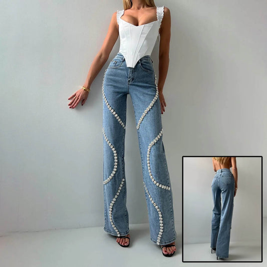 Loose Straight Leg Jeans And Fashionable Casual Pants With A Rhine Stone Denim Design Around Them Suitable For Women - Velora