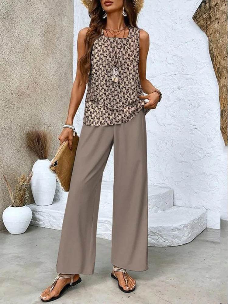 Print Suits Sleeveless Double-layer Vest And Loose Straight Pants Womens Clothing - Velora