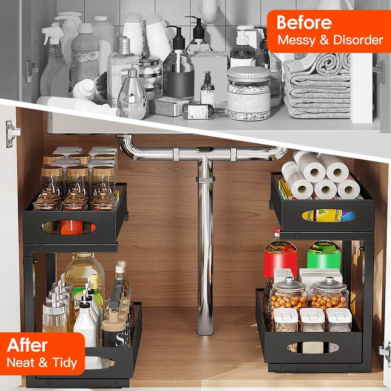2Pcs Under Sink Organizer 2 Tier Pull Out Cabinet Baskets Storage Shelf Sliding Storage Drawers Rack With 5 Adjustable Height Mesh Baskets For Home Kitchen Bathroom Office - Velora