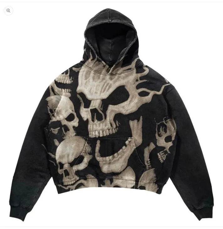 Men Skull Gothic Vintage Hoodie Sweatshirt Pullover top - Velora