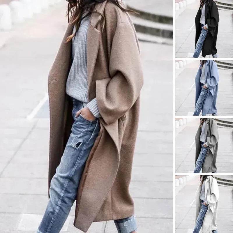 Lapel Single Breasted Women Winter Solid Woolen Trench Coat Long Jacket - Velora