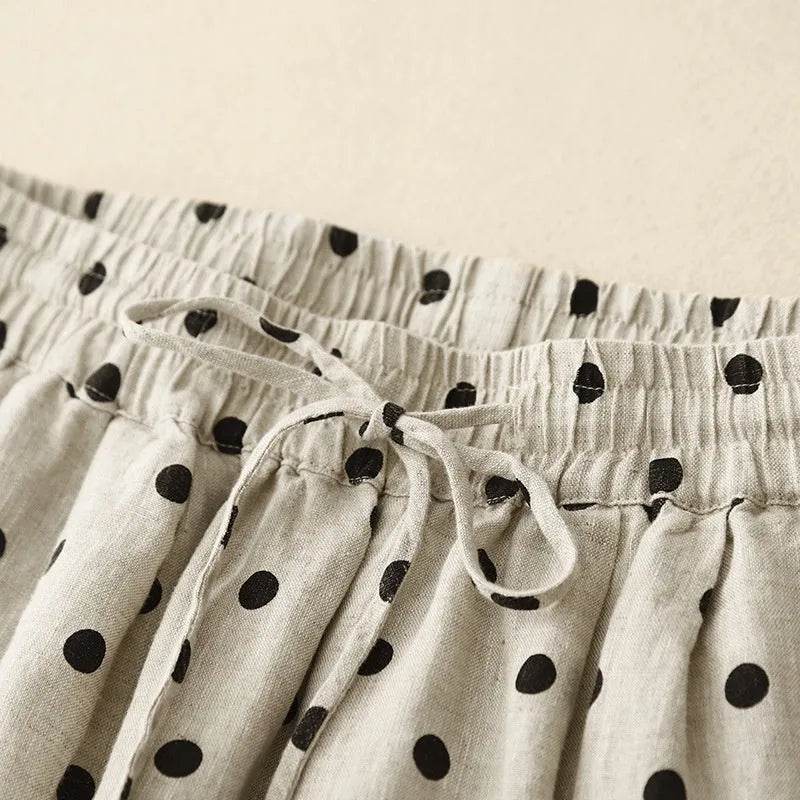 Cotton Hemp Polka Dots Tied Elastic Waist Harem wide leg trouser Pants For Women - Velora